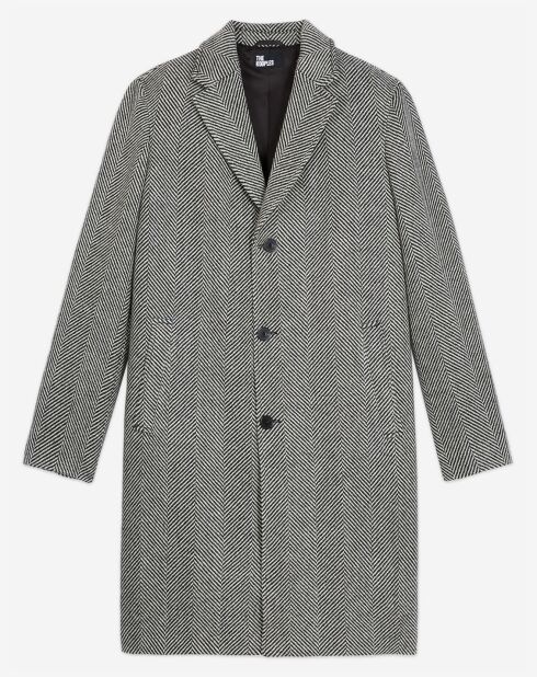 Manteau long 100% Laine Chevron avec poches noir/blanc